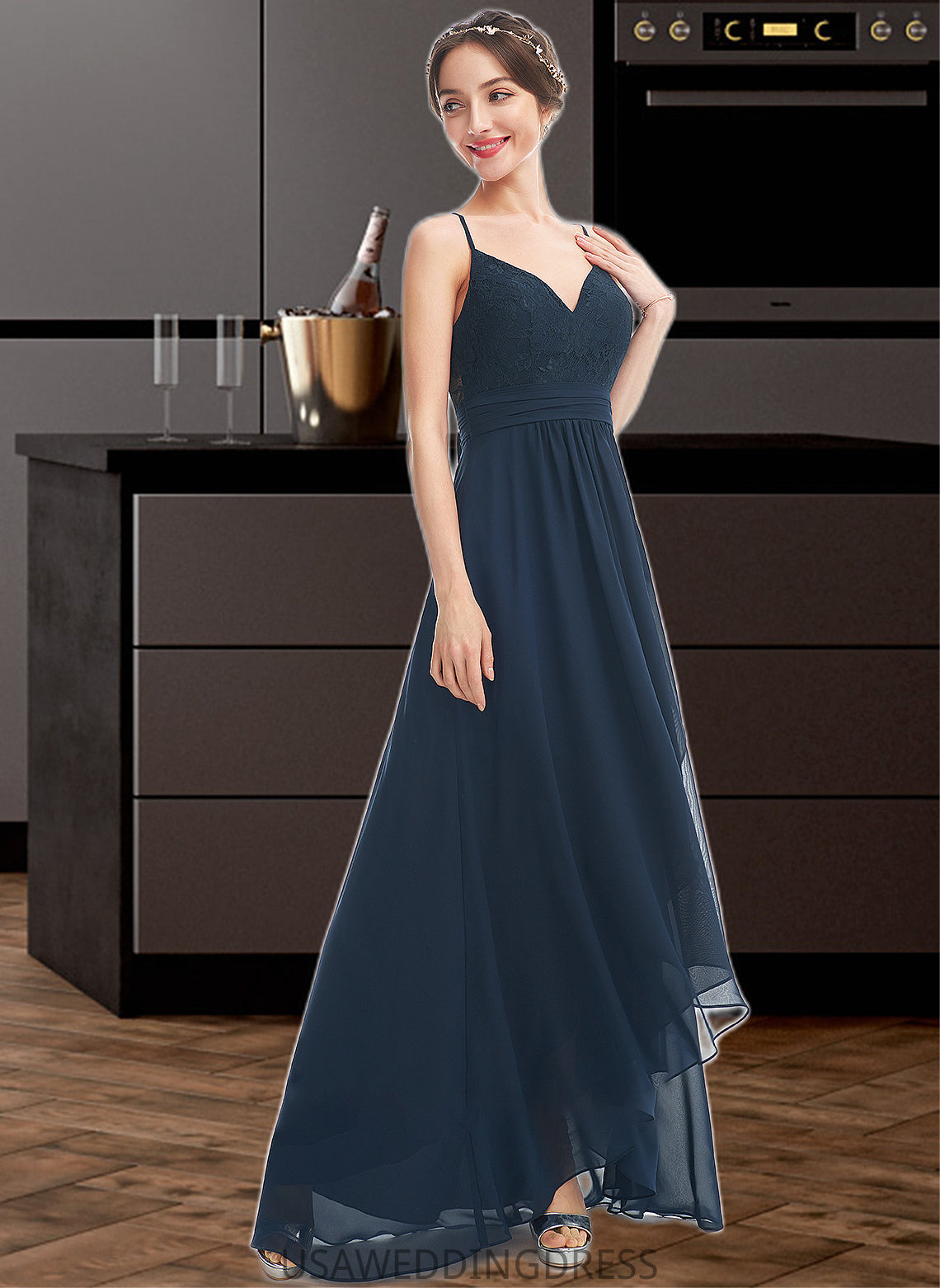 Bethany A-Line V-neck Asymmetrical Bridesmaid Dress With Lace Bow(s) DSP0013143