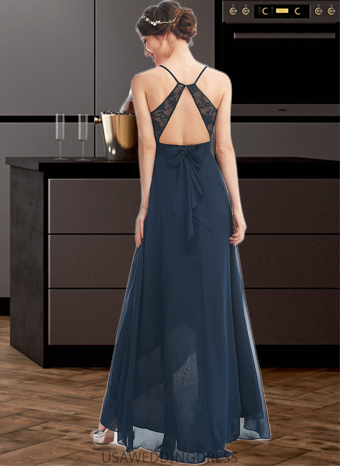 Bethany A-Line V-neck Asymmetrical Bridesmaid Dress With Lace Bow(s) DSP0013143