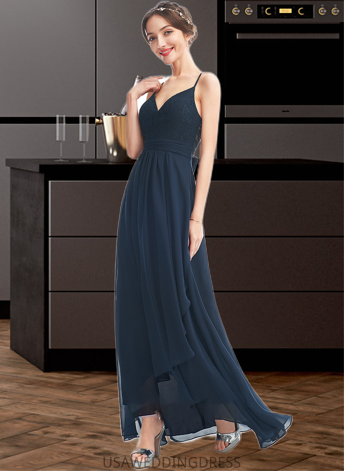 Bethany A-Line V-neck Asymmetrical Bridesmaid Dress With Lace Bow(s) DSP0013143