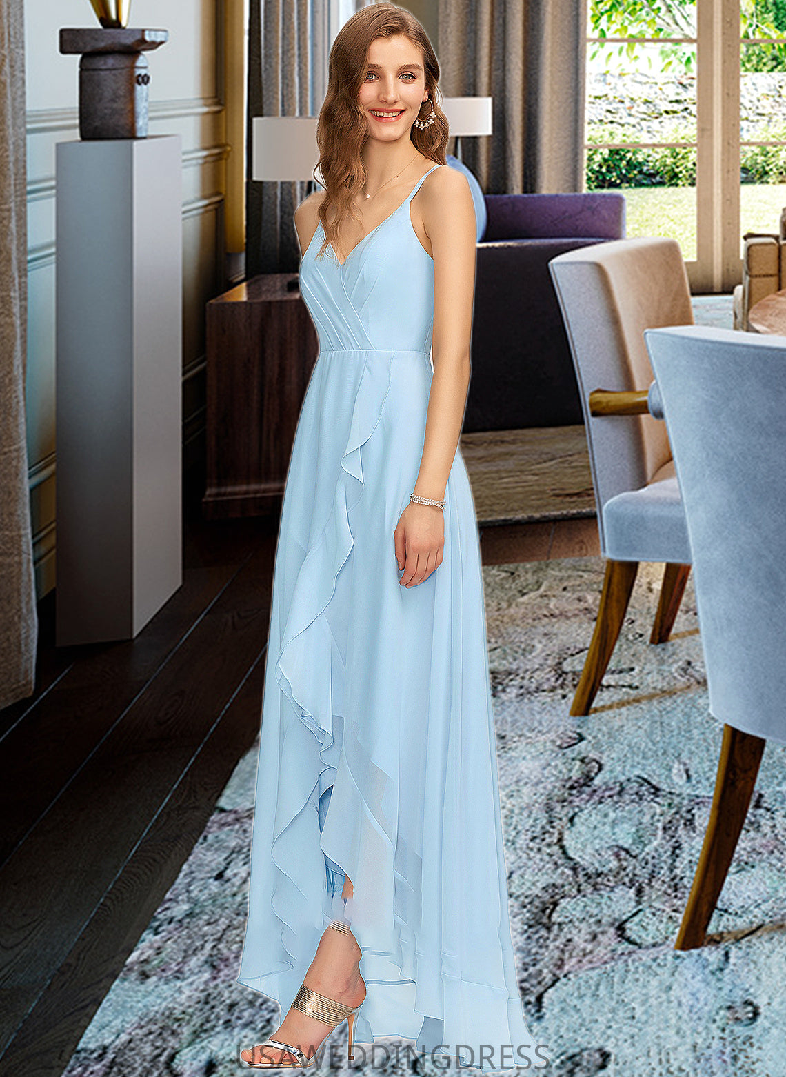 Kristin A-Line V-neck Asymmetrical Chiffon Bridesmaid Dress With Cascading Ruffles DSP0013145