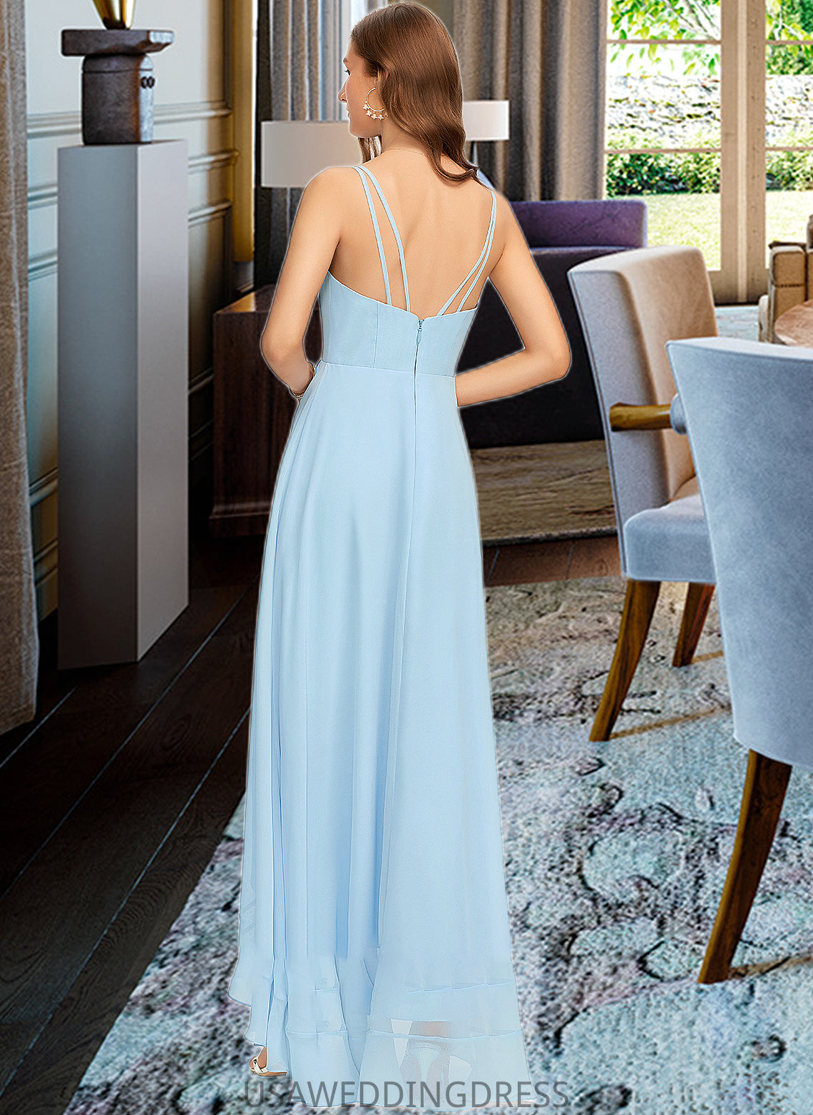 Kristin A-Line V-neck Asymmetrical Chiffon Bridesmaid Dress With Cascading Ruffles DSP0013145