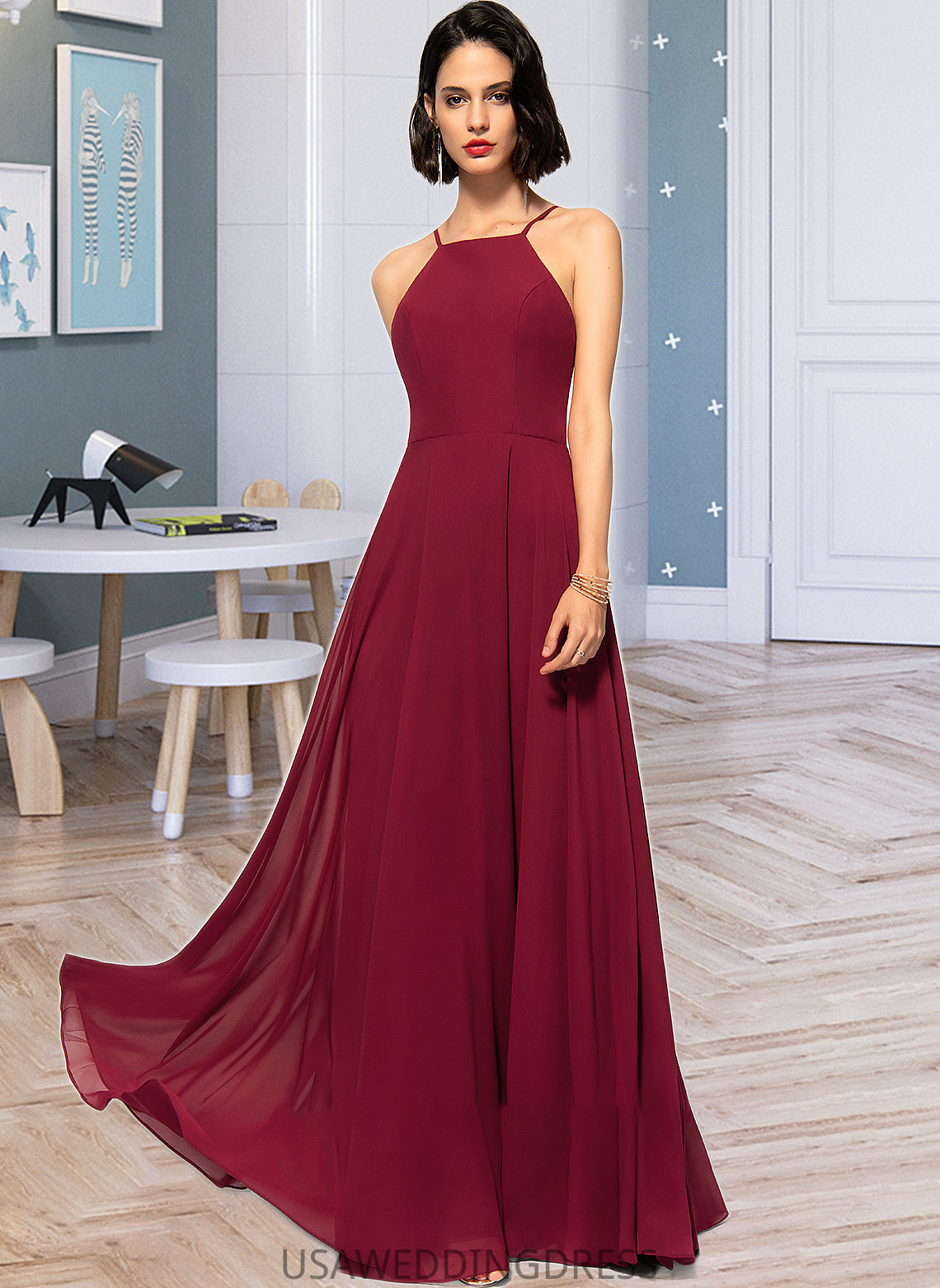 Jolie A-Line Scoop Neck Square Neckline Floor-Length Chiffon Bridesmaid Dress DSP0013146