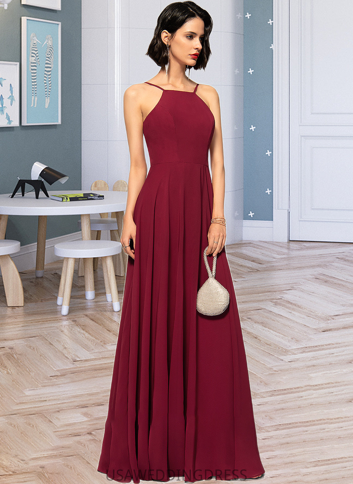 Jolie A-Line Scoop Neck Square Neckline Floor-Length Chiffon Bridesmaid Dress DSP0013146