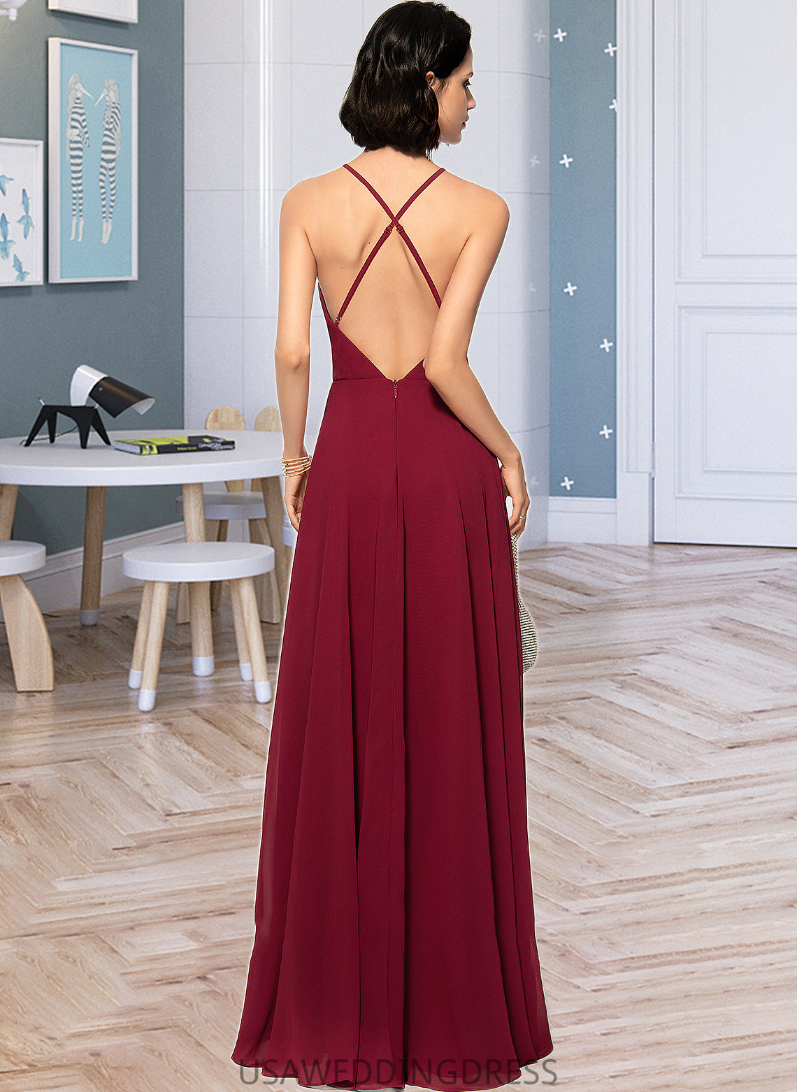 Jolie A-Line Scoop Neck Square Neckline Floor-Length Chiffon Bridesmaid Dress DSP0013146