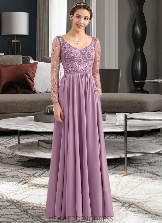 Sarah A-Line V-neck Floor-Length Chiffon Lace Bridesmaid Dress With Beading Pockets DSP0013147