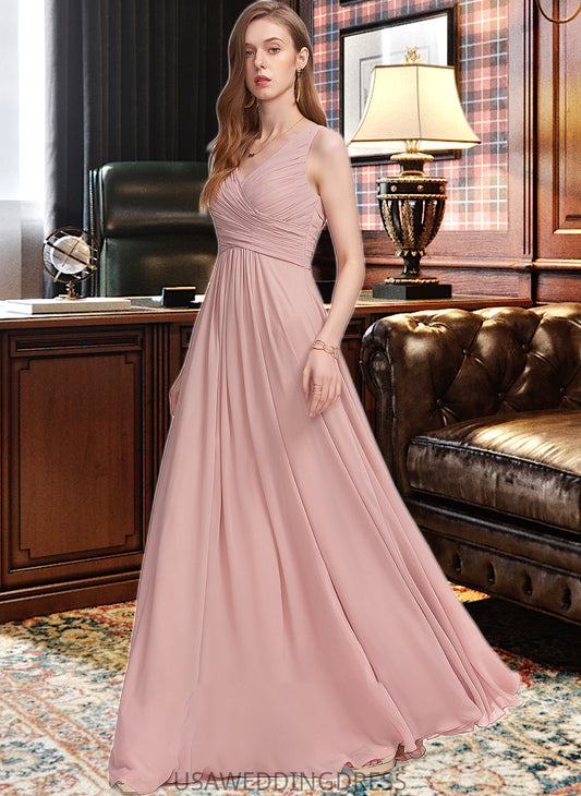 Nyasia A-Line V-neck Floor-Length Chiffon Bridesmaid Dress With Ruffle DSP0013174