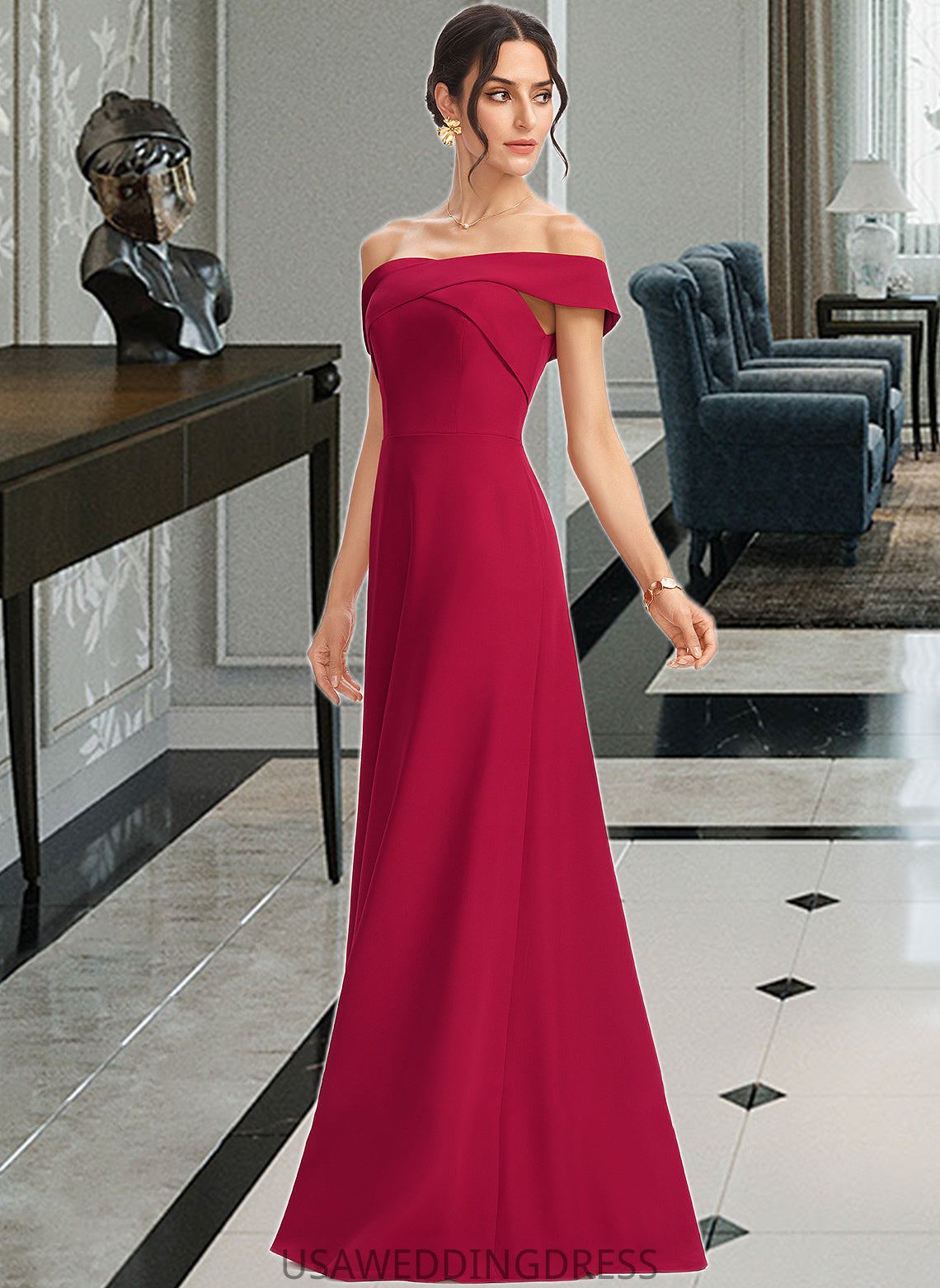 Ellen Sheath/Column Off-the-Shoulder Floor-Length Bridesmaid Dress With Ruffle DSP0013177