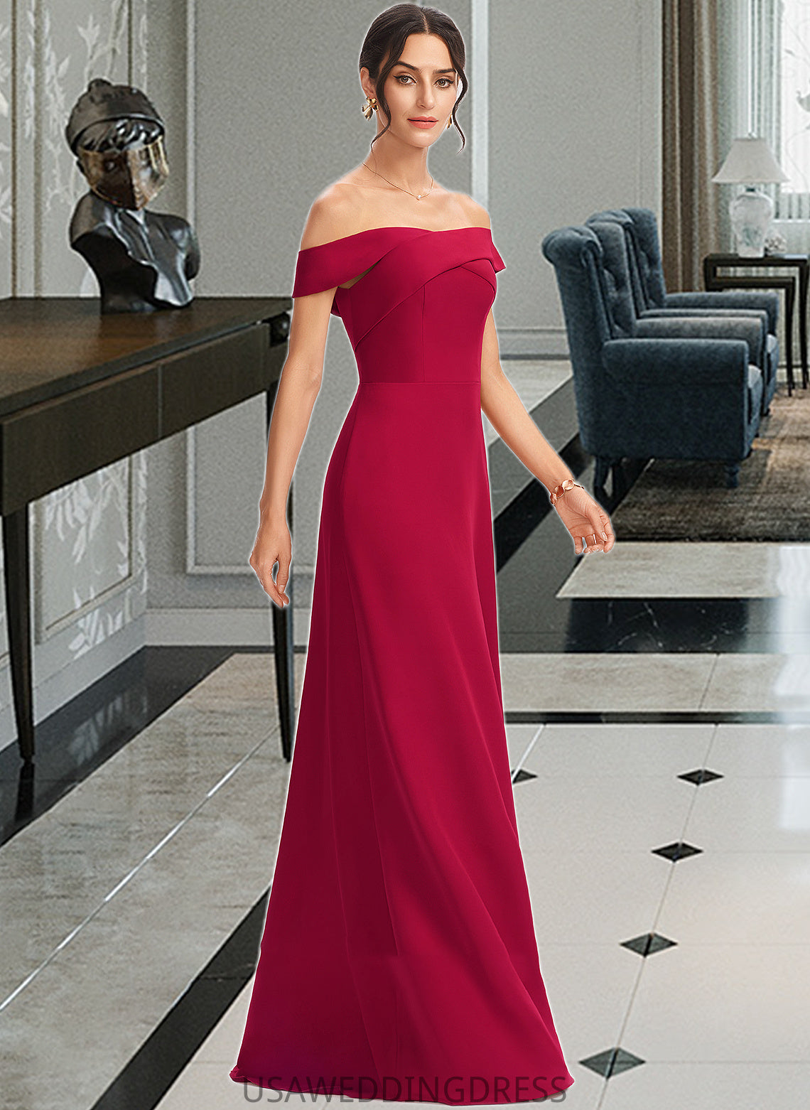 Ellen Sheath/Column Off-the-Shoulder Floor-Length Bridesmaid Dress With Ruffle DSP0013177