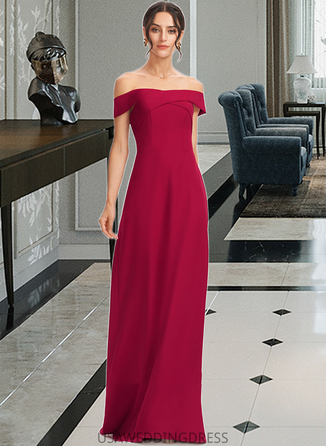 Ellen Sheath/Column Off-the-Shoulder Floor-Length Bridesmaid Dress With Ruffle DSP0013177