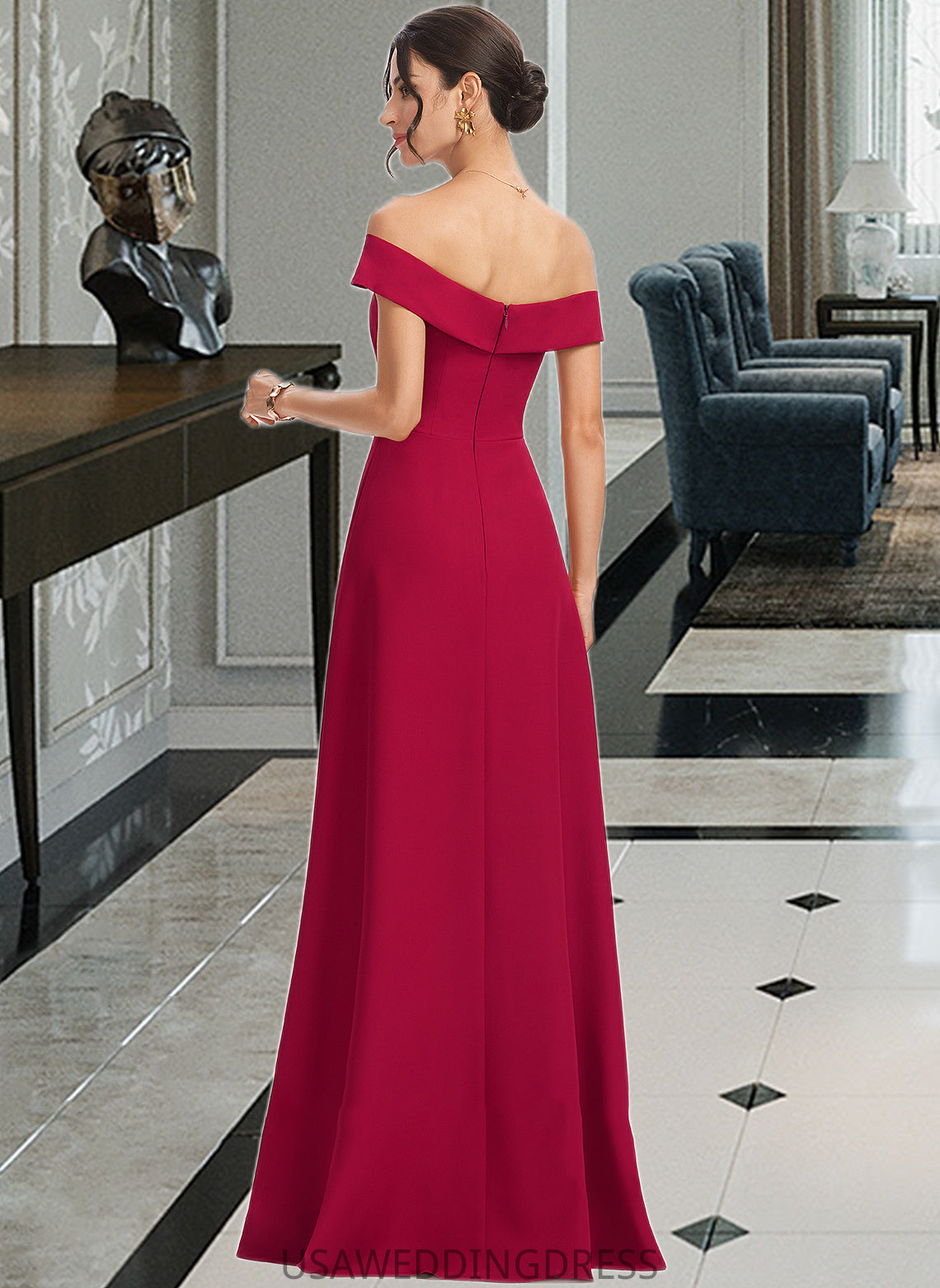 Ellen Sheath/Column Off-the-Shoulder Floor-Length Bridesmaid Dress With Ruffle DSP0013177