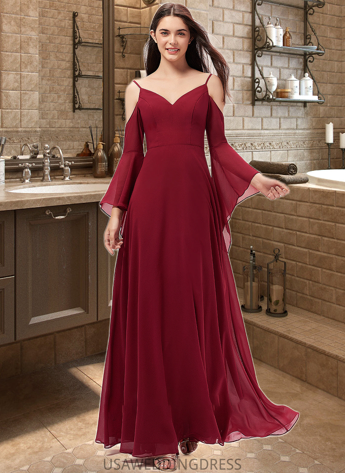 Willow A-line V-Neck Floor-Length Chiffon Bridesmaid Dress DSP0013178