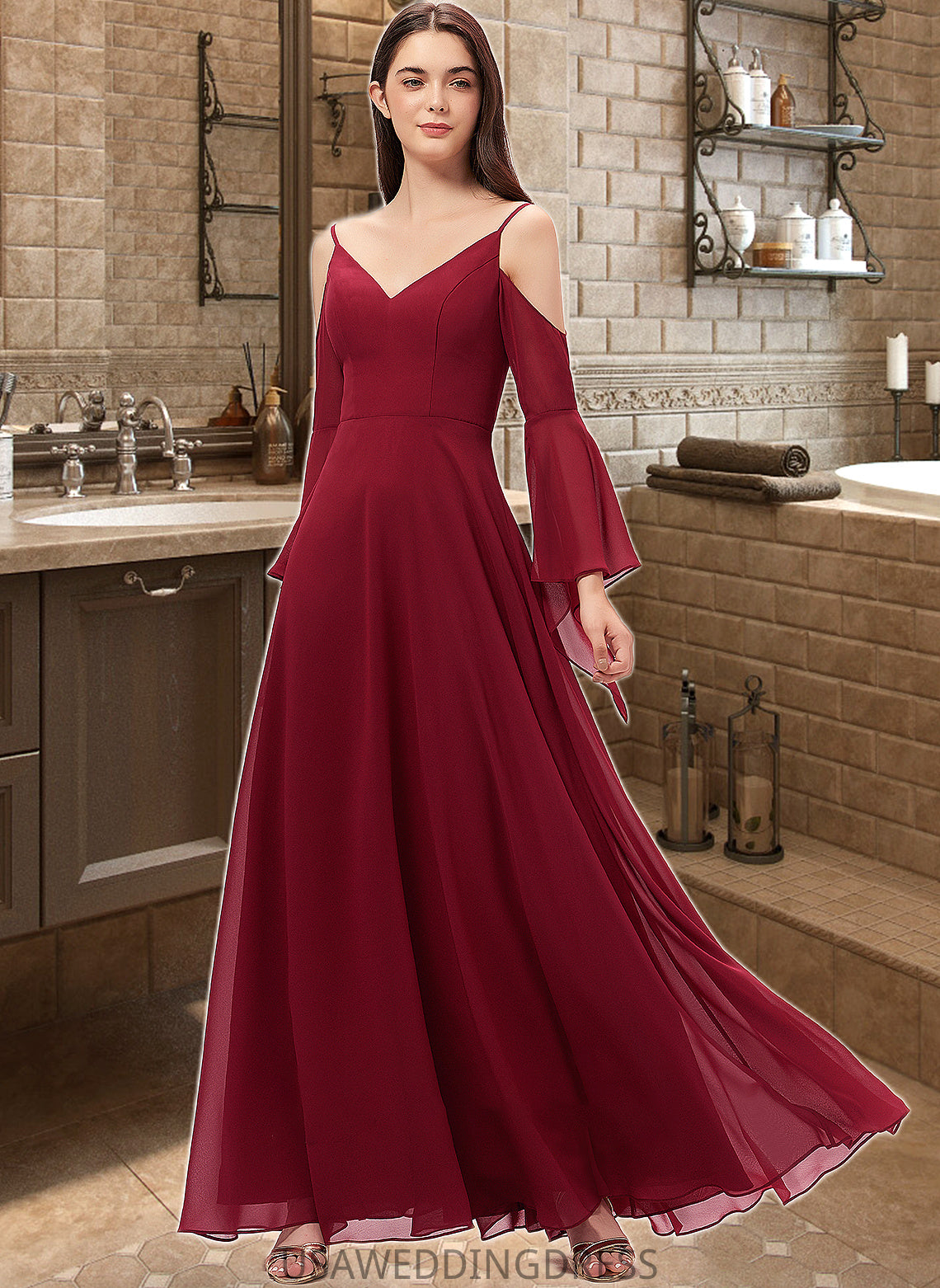 Willow A-line V-Neck Floor-Length Chiffon Bridesmaid Dress DSP0013178