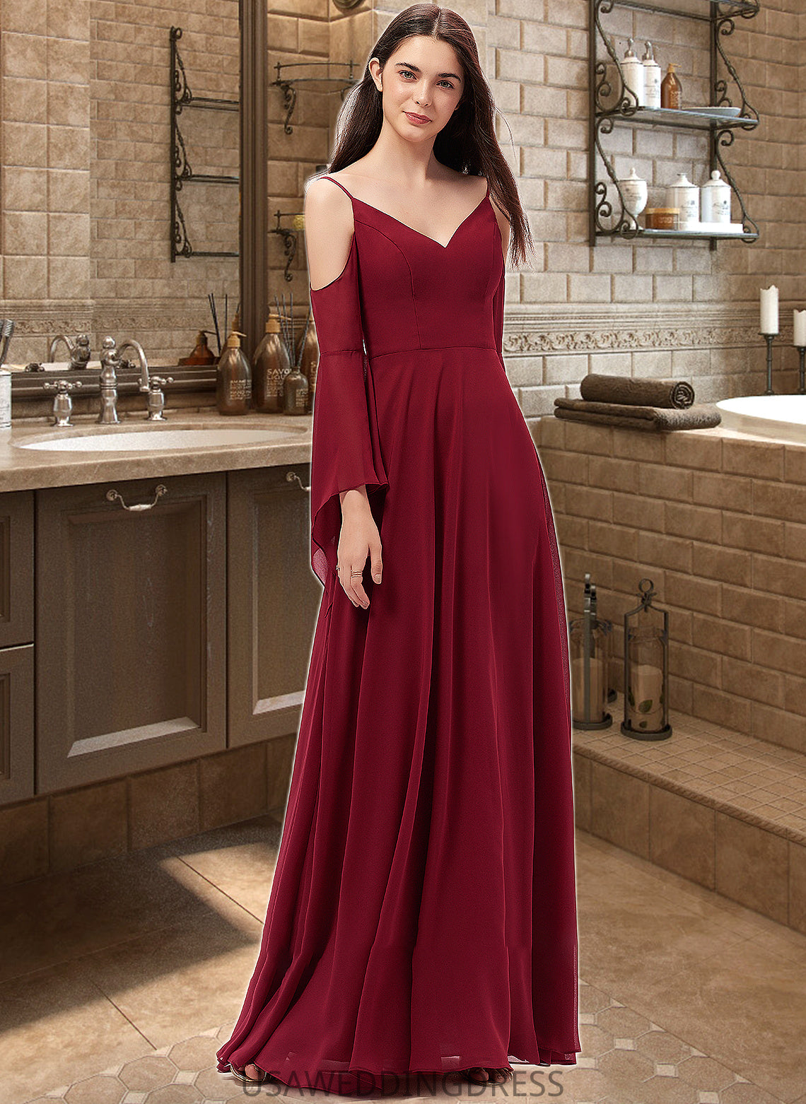 Willow A-line V-Neck Floor-Length Chiffon Bridesmaid Dress DSP0013178