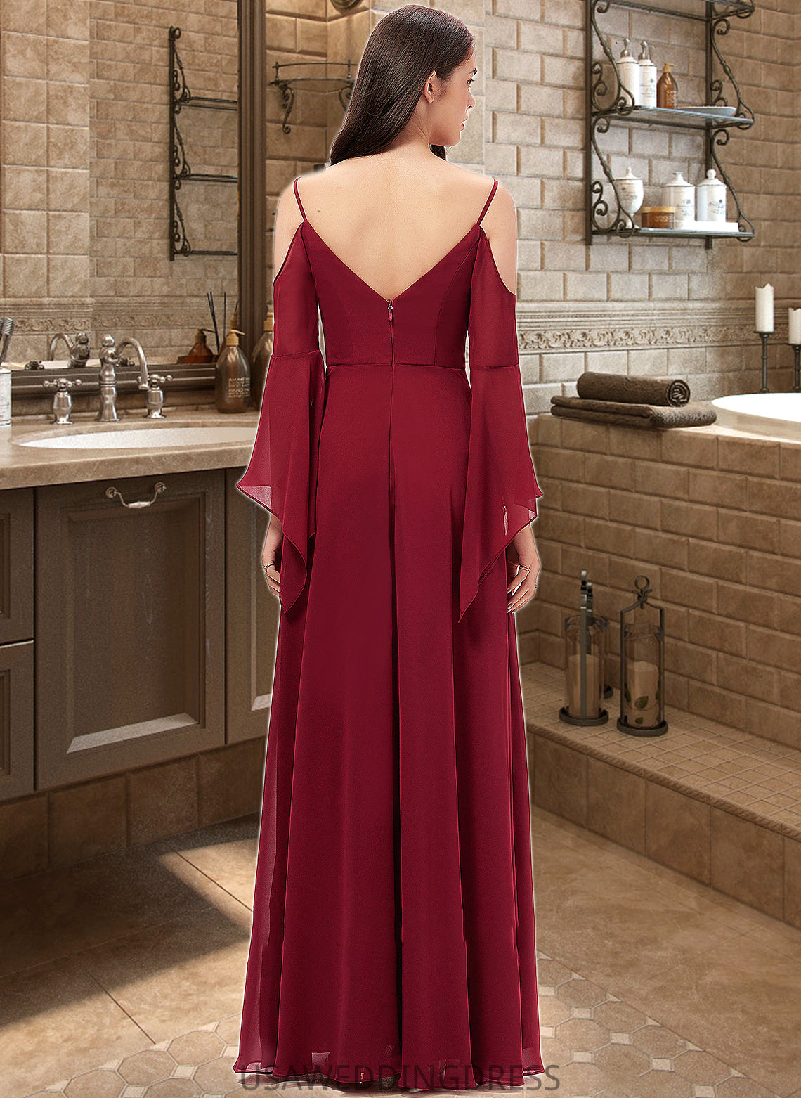 Willow A-line V-Neck Floor-Length Chiffon Bridesmaid Dress DSP0013178