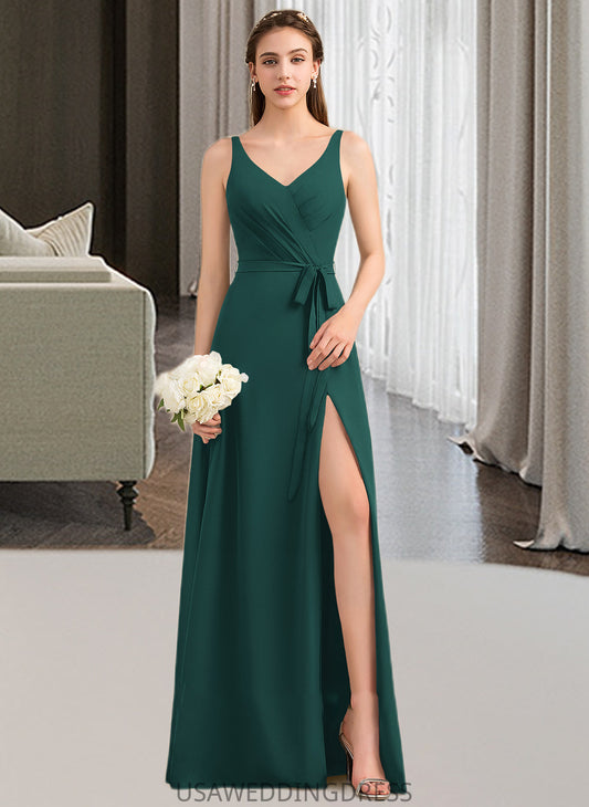 Lea A-Line V-neck Floor-Length Chiffon Bridesmaid Dress With Ruffle Bow(s) Split Front DSP0013181