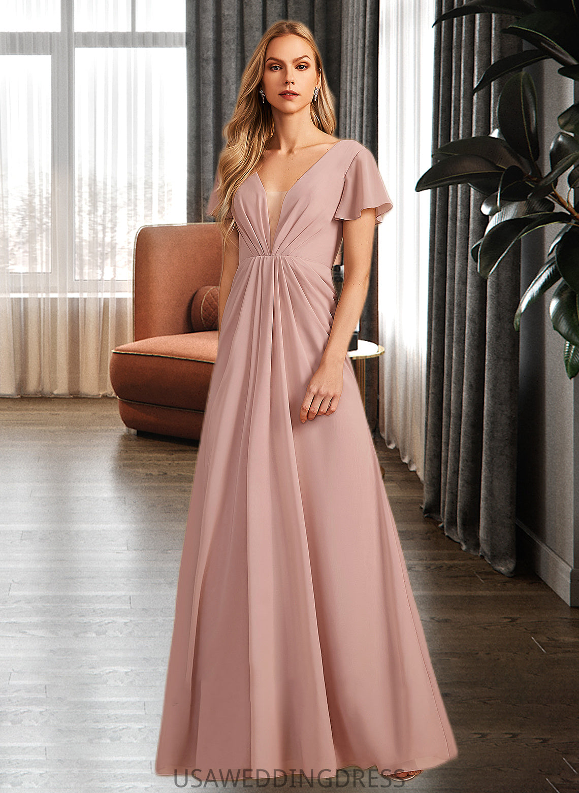 Stella A-Line V-neck Floor-Length Bridesmaid Dress With Ruffle DSP0013183