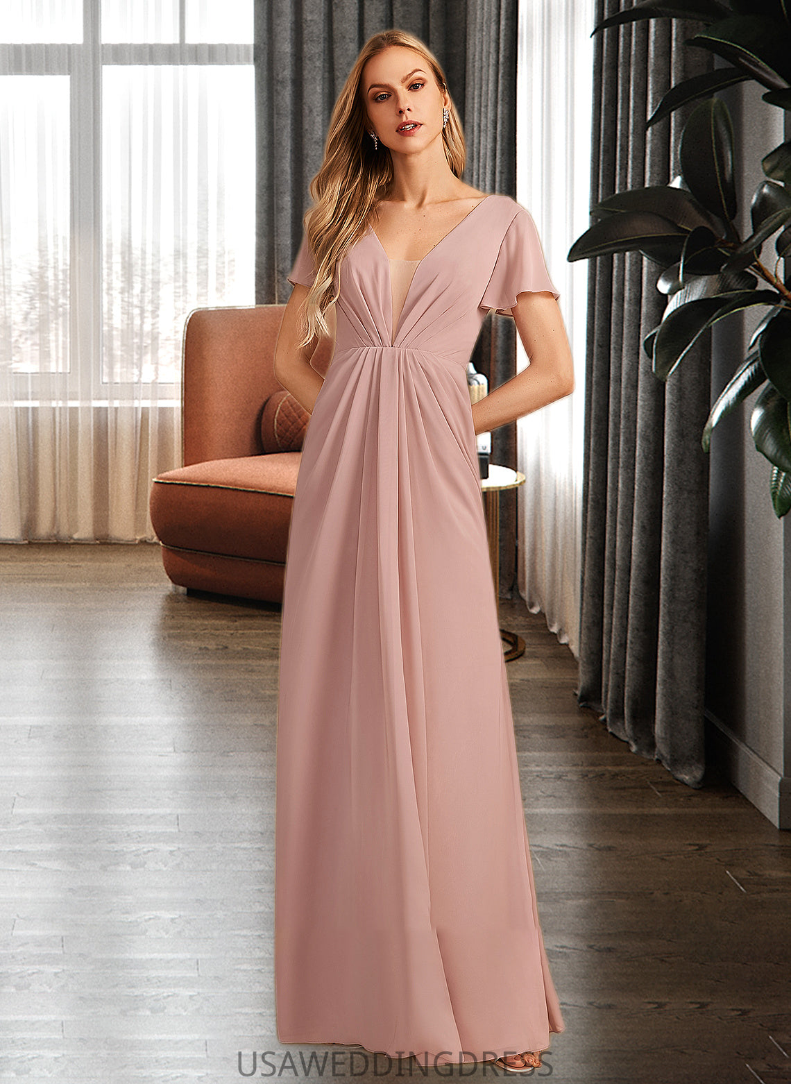 Stella A-Line V-neck Floor-Length Bridesmaid Dress With Ruffle DSP0013183