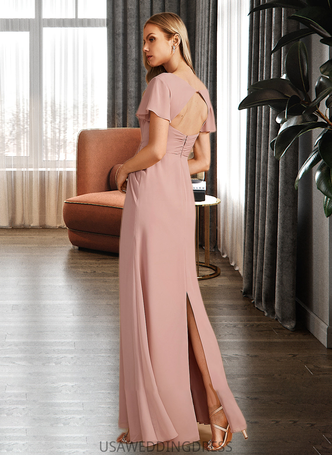 Stella A-Line V-neck Floor-Length Bridesmaid Dress With Ruffle DSP0013183