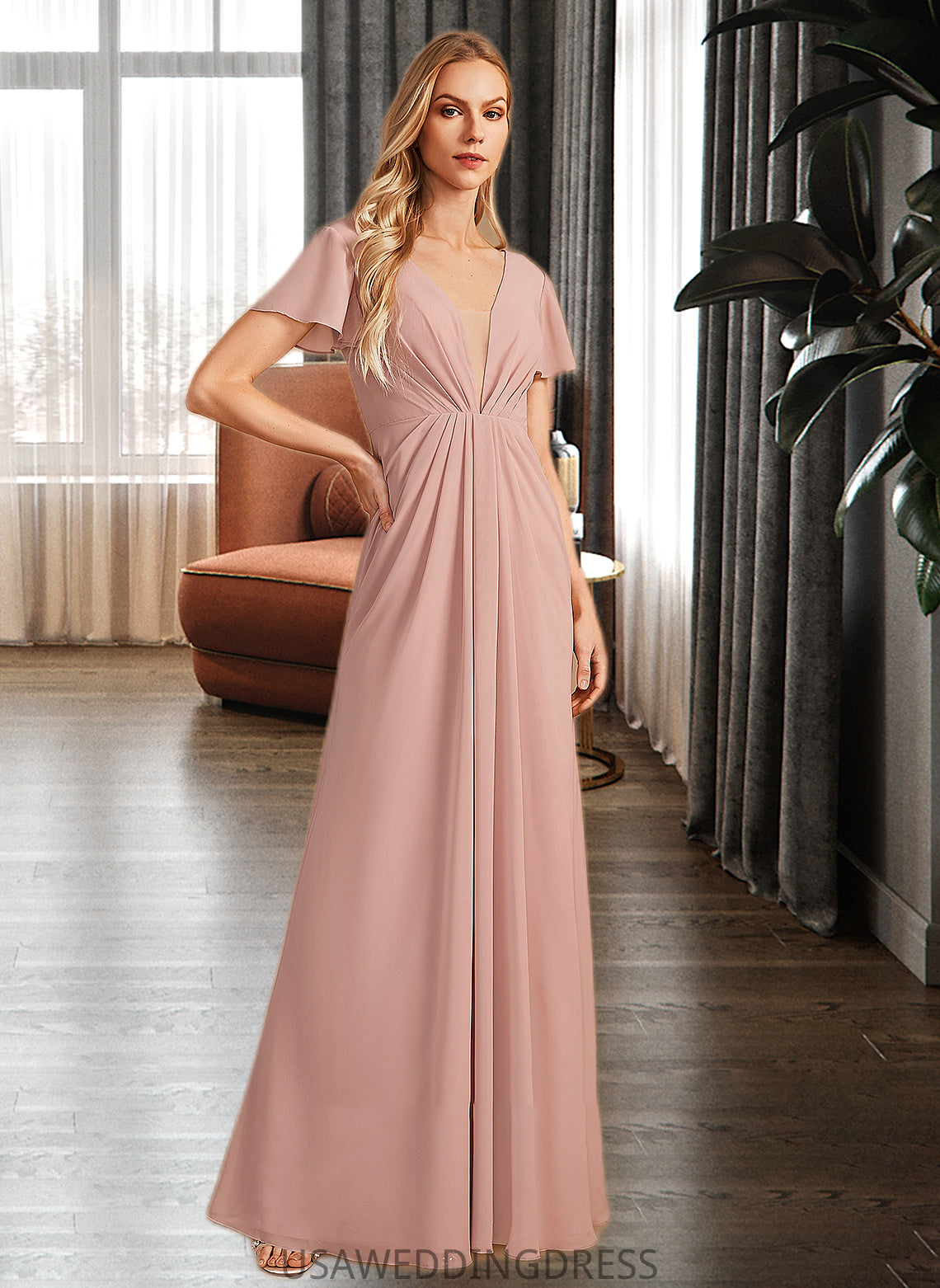 Stella A-Line V-neck Floor-Length Bridesmaid Dress With Ruffle DSP0013183