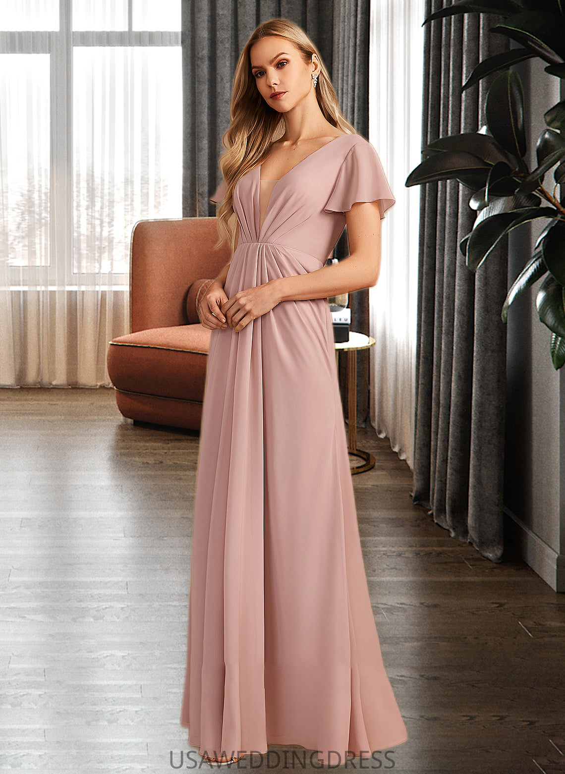 Stella A-Line V-neck Floor-Length Bridesmaid Dress With Ruffle DSP0013183