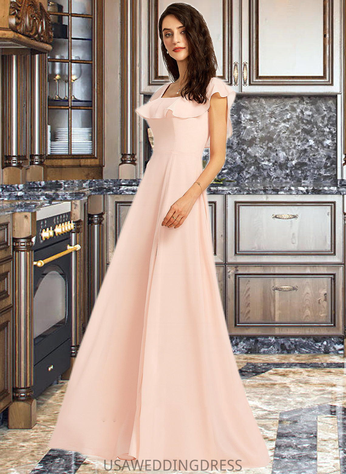 Jasmin A-Line Square Neckline Floor-Length Bridesmaid Dress With Split Front DSP0013186