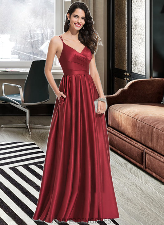 Abagail A-Line V-neck Floor-Length Satin Bridesmaid Dress With Ruffle Pockets DSP0013187