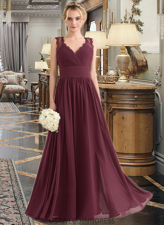 Rosalie A-Line V-neck Floor-Length Chiffon Lace Bridesmaid Dress With Ruffle Bow(s) DSP0013191