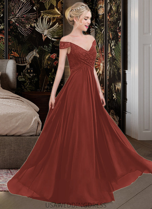 Emilee A-Line Off-the-Shoulder Floor-Length Chiffon Lace Bridesmaid Dress With Ruffle DSP0013193