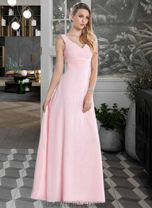 Harper Empire V-Neck Floor-Length Chiffon Bridesmaid Dress With Ruffle DSP0013196