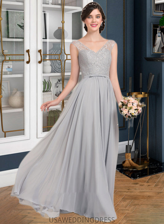 Hayley A-Line V-neck Floor-Length Chiffon Lace Bridesmaid Dress With Bow(s) DSP0013203