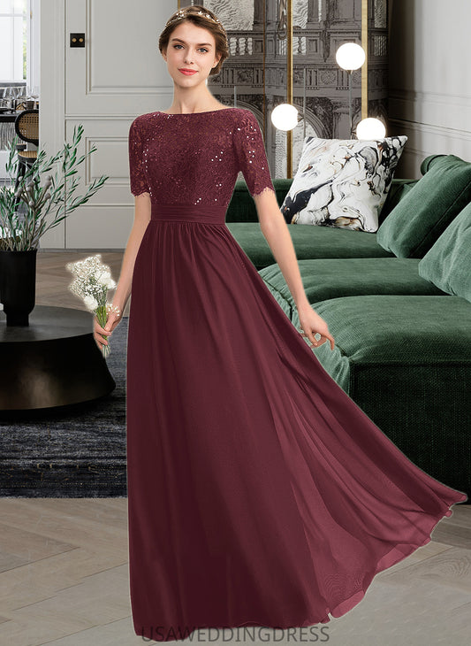 Ximena A-Line Scoop Neck Floor-Length Chiffon Lace Bridesmaid Dress With Sequins DSP0013207