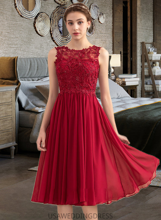 Jess A-Line Scoop Neck Knee-Length Chiffon Lace Bridesmaid Dress With Beading Sequins DSP0013208