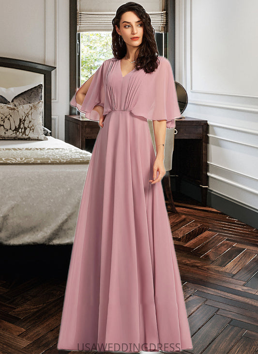 Iliana A-Line V-neck Floor-Length Bridesmaid Dress With Ruffle DSP0013214