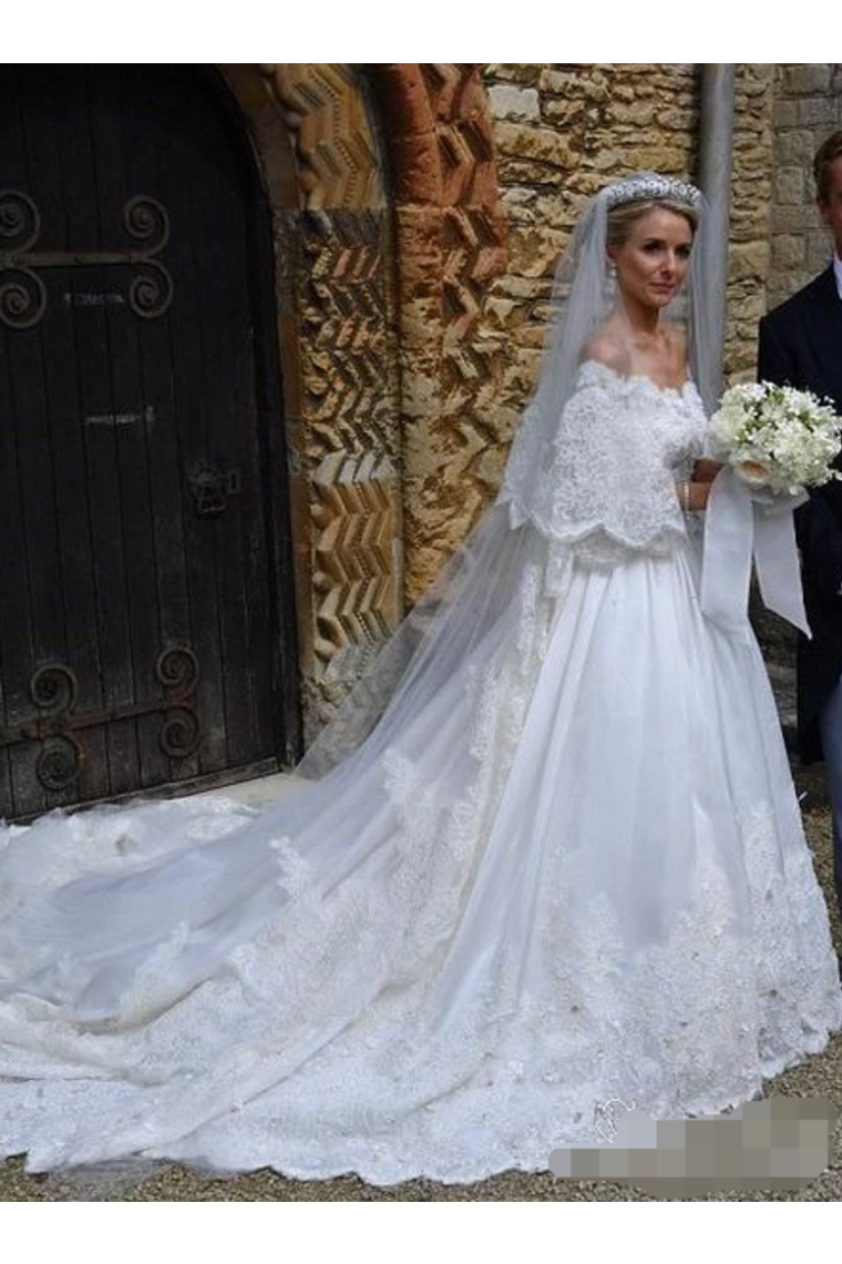 A Line Mid-Sleeves Ivory Satin Wedding Dresses With Cathedral Train Royal Lace Wedding Gowns