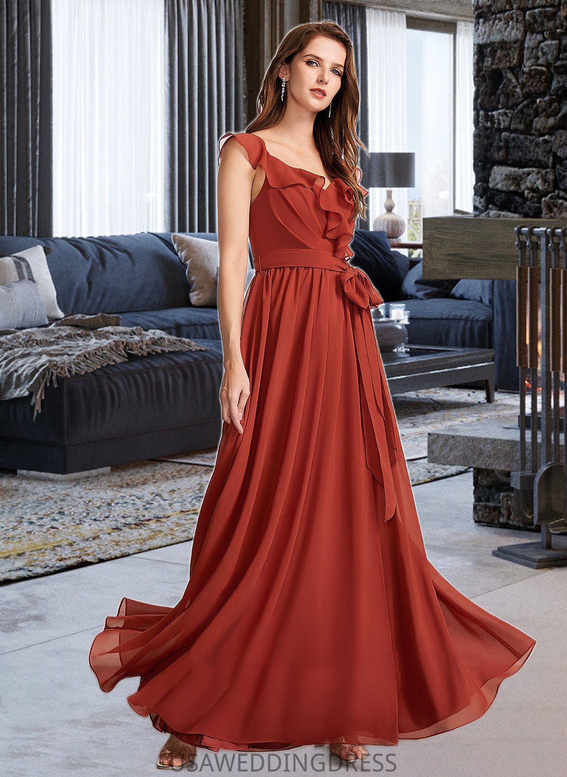 Juliet A-Line V-neck Floor-Length Bridesmaid Dress With Ruffle DSP0013221