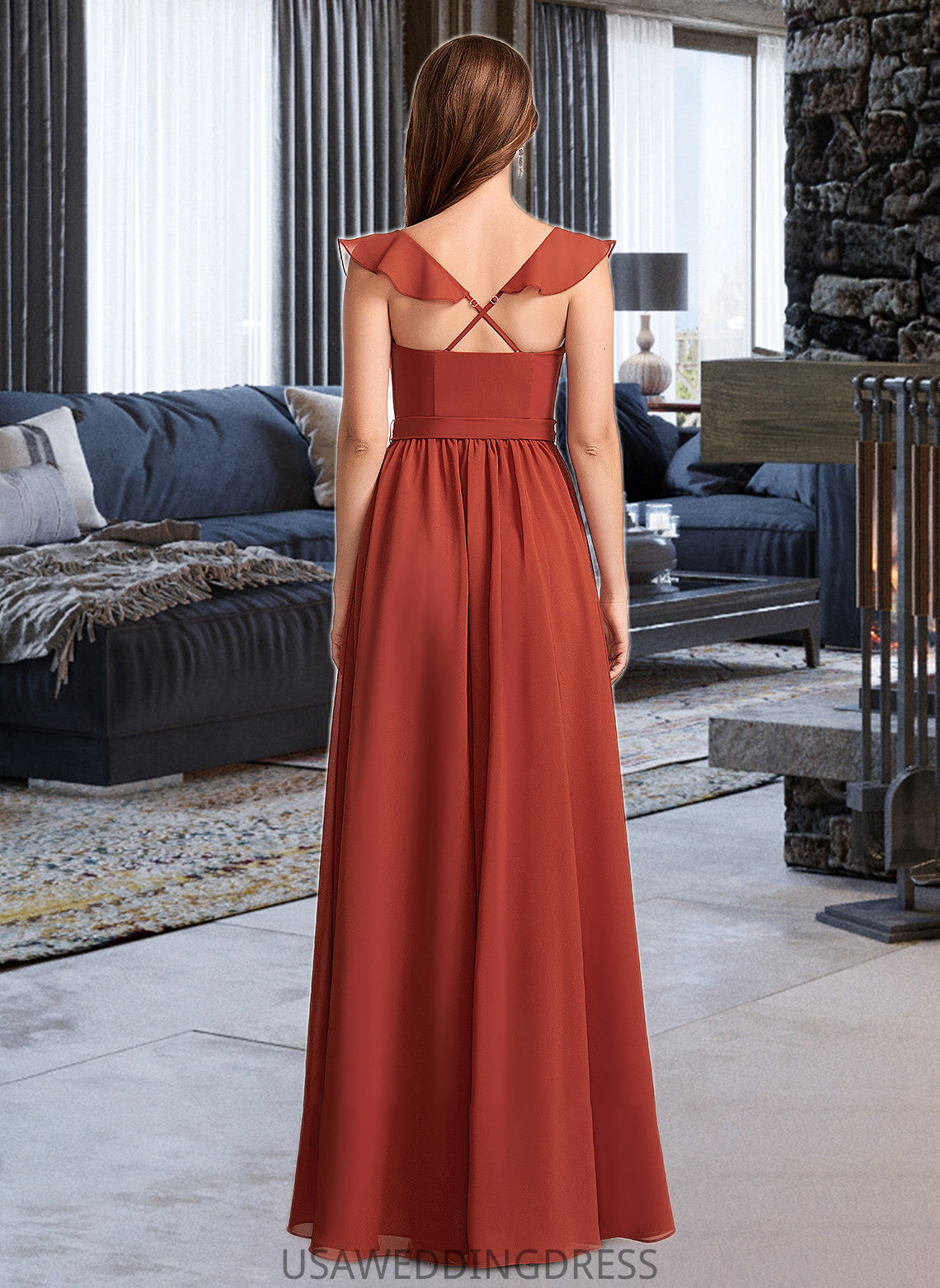 Juliet A-Line V-neck Floor-Length Bridesmaid Dress With Ruffle DSP0013221