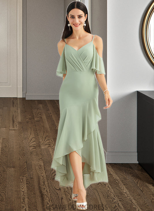 Raegan Trumpet/Mermaid V-neck Asymmetrical Bridesmaid Dress With Ruffle DSP0013222