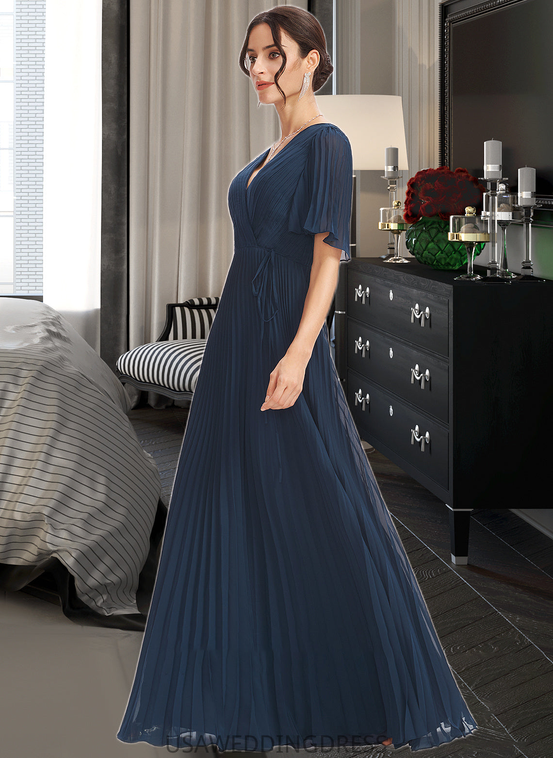 Uerica A-Line V-neck Floor-Length Bridesmaid Dress With Ruffle DSP0013223