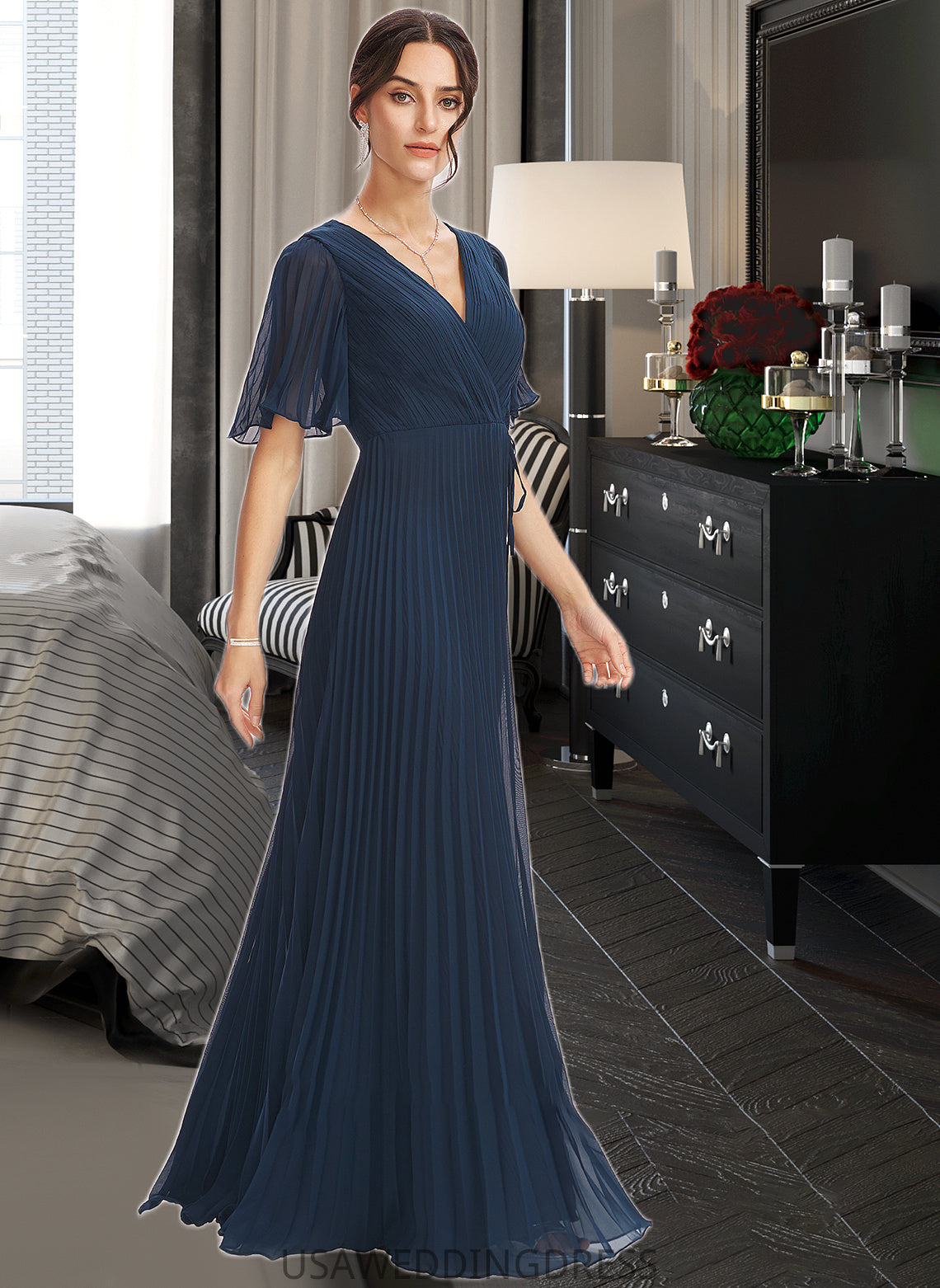 Uerica A-Line V-neck Floor-Length Bridesmaid Dress With Ruffle DSP0013223