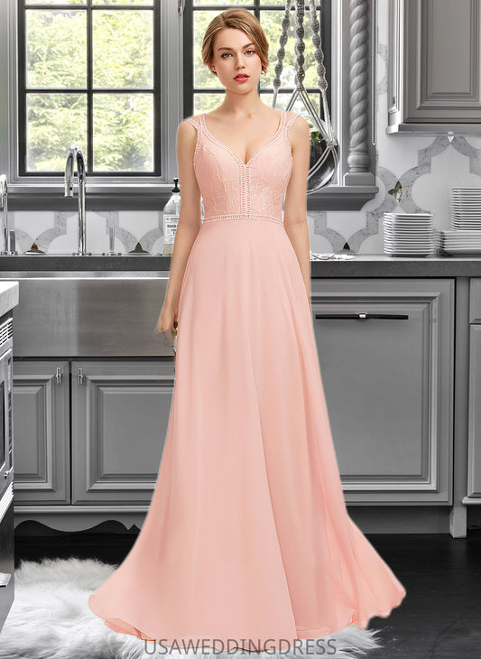 Nyasia A-Line V-neck Floor-Length Chiffon Lace Bridesmaid Dress DSP0013227