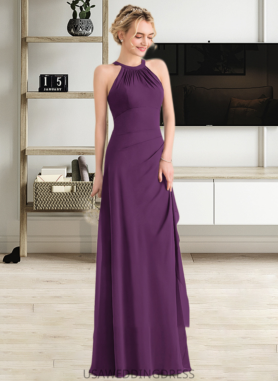 Kaylen A-Line Scoop Neck Floor-Length Chiffon Bridesmaid Dress With Cascading Ruffles DSP0013228