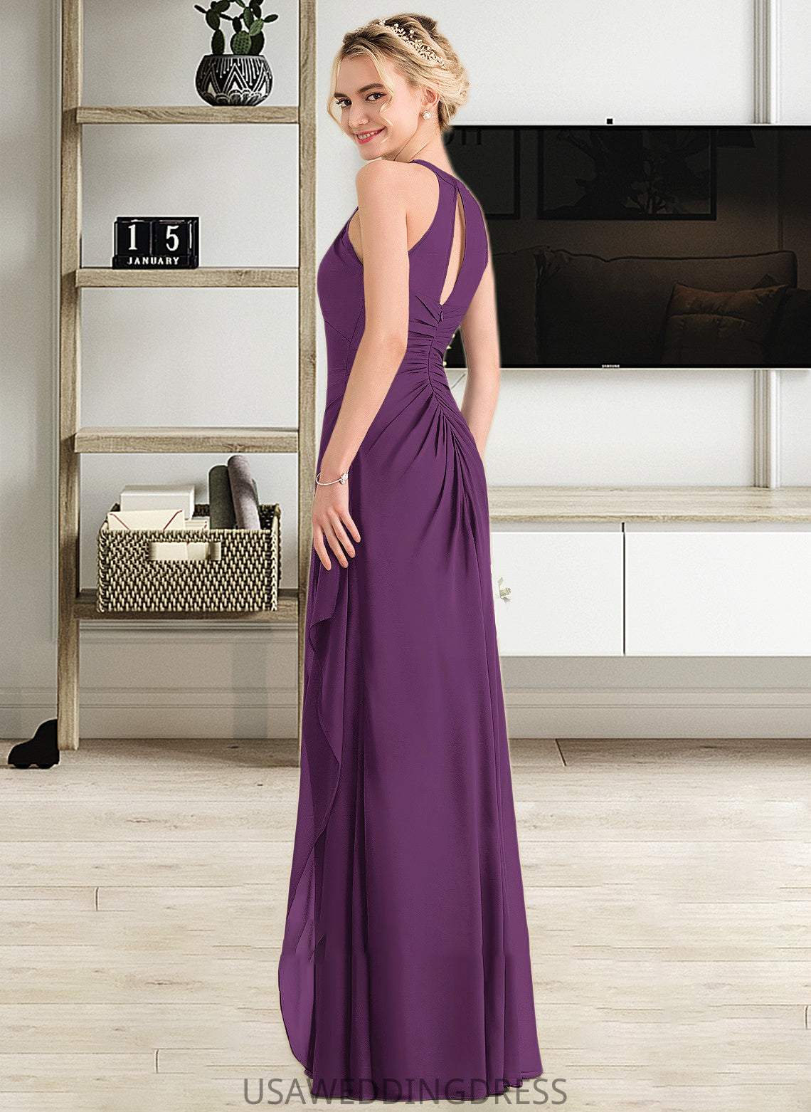 Kaylen A-Line Scoop Neck Floor-Length Chiffon Bridesmaid Dress With Cascading Ruffles DSP0013228