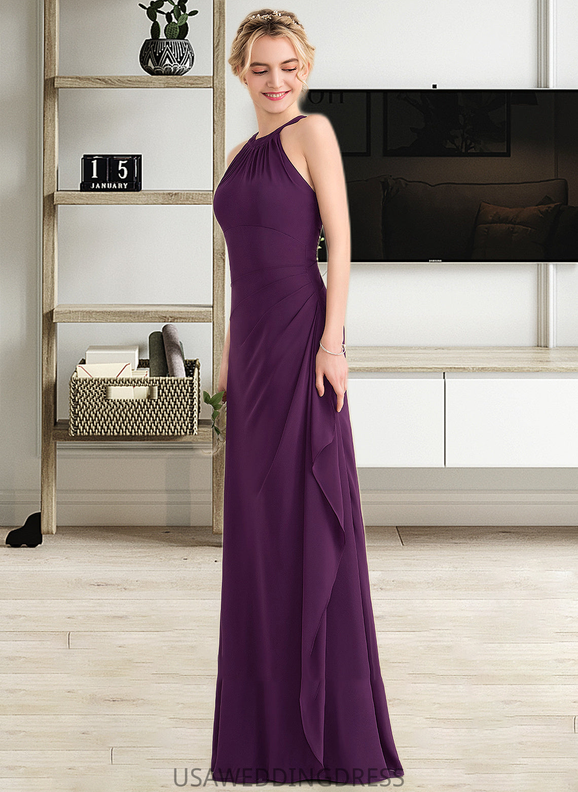 Kaylen A-Line Scoop Neck Floor-Length Chiffon Bridesmaid Dress With Cascading Ruffles DSP0013228