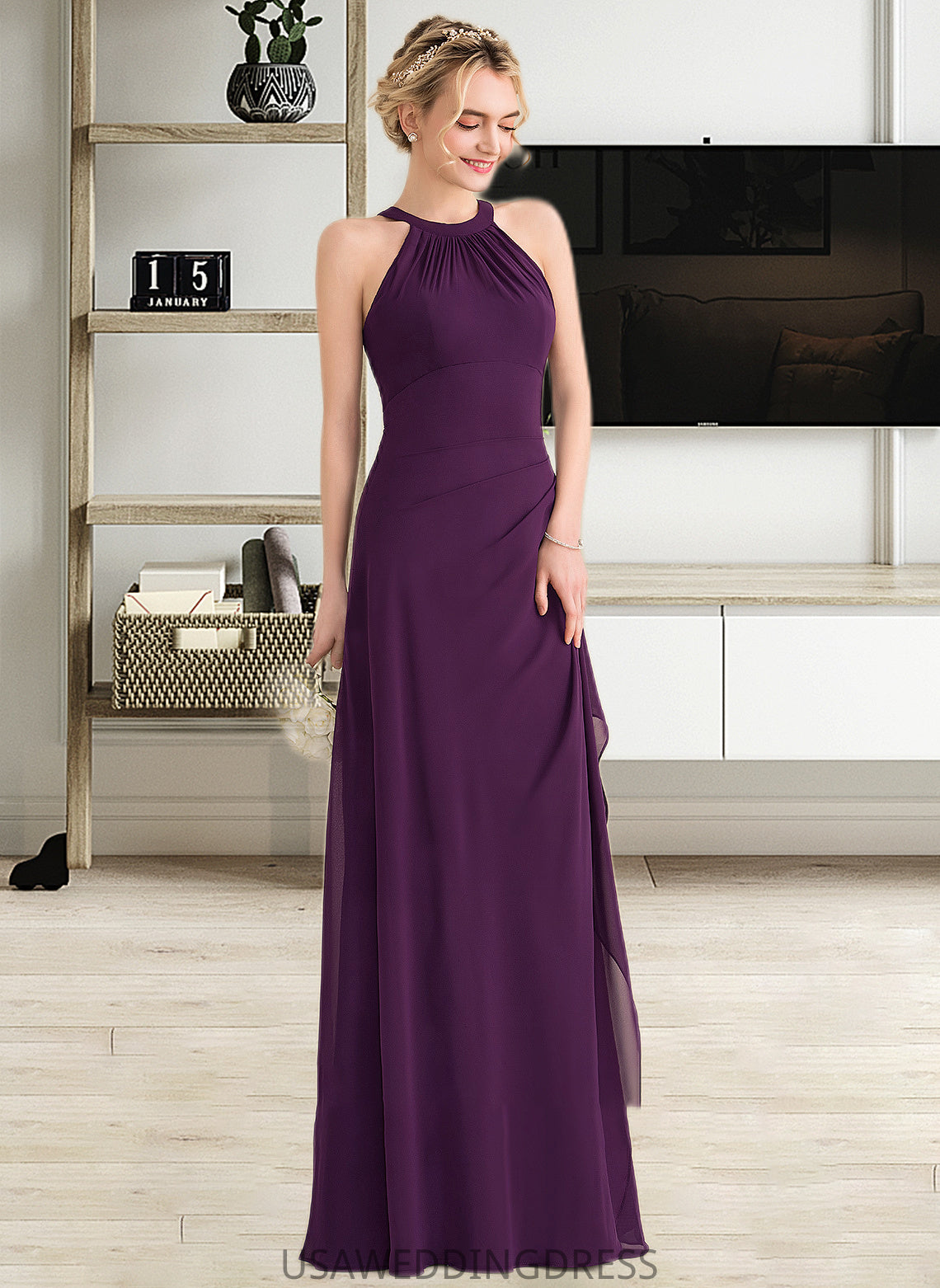 Kaylen A-Line Scoop Neck Floor-Length Chiffon Bridesmaid Dress With Cascading Ruffles DSP0013228