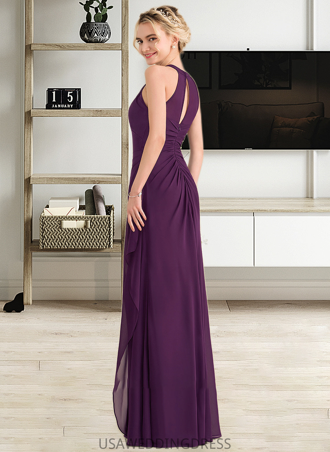 Kaylen A-Line Scoop Neck Floor-Length Chiffon Bridesmaid Dress With Cascading Ruffles DSP0013228