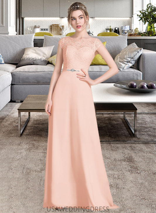 Belen A-Line Scoop Neck Floor-Length Chiffon Lace Bridesmaid Dress With Beading Bow(s) DSP0013229