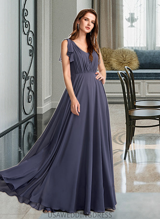 Caylee A-Line V-neck Floor-Length Bridesmaid Dress With Ruffle DSP0013230