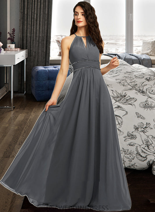 Lyla A-Line Halter Floor-Length Chiffon Bridesmaid Dress With Ruffle Beading Sequins DSP0013232