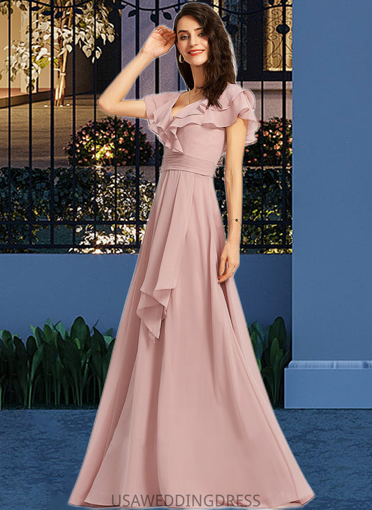 Brenna A-Line V-neck Floor-Length Bridesmaid Dress With Ruffle Split Front DSP0013234