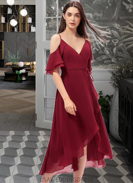 Jessica A-Line V-neck Asymmetrical Chiffon Bridesmaid Dress With Cascading Ruffles DSP0013236